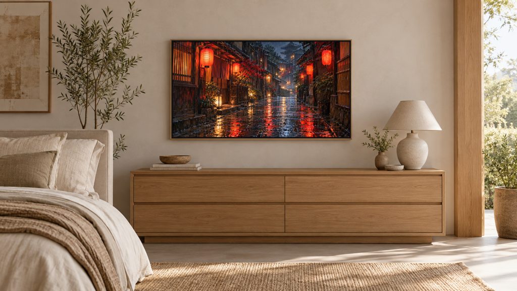 Rainy Kyoto Alley Red Lanterns shown on a wall-mounted 16:9 TV in a bedroom