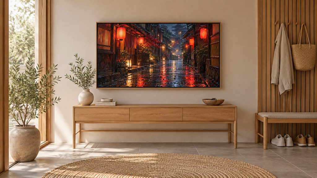 Rainy Kyoto Alley Red Lanterns shown on a wall-mounted 16:9 TV in an entryway