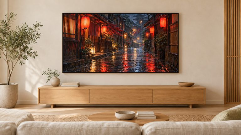 Rainy Kyoto Alley Red Lanterns shown on a wall-mounted 16:9 TV in a living room