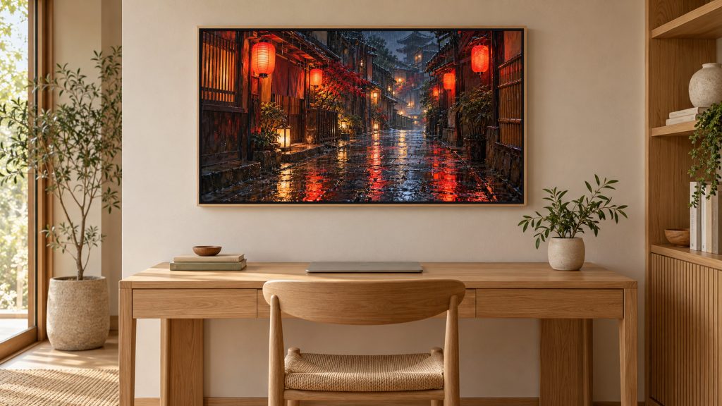 Rainy Kyoto Alley Red Lanterns shown on a wall-mounted 16:9 TV in a home office