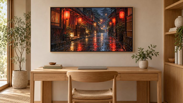 Rainy Kyoto Alley Red Lanterns shown on a wall-mounted 16:9 TV in a home office