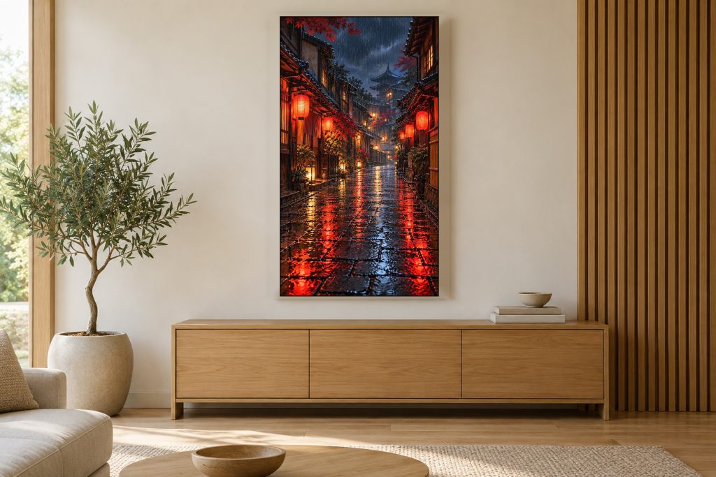 Rainy Kyoto Alley Red Lanterns shown on a vertically mounted TV in a room setting