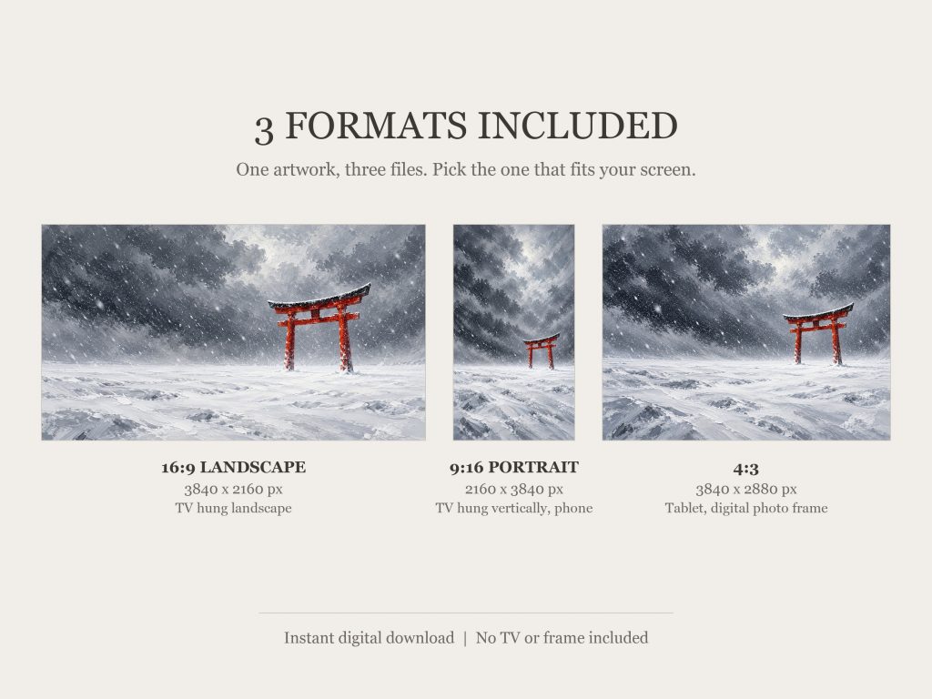 Red Torii Gate in Snow: the three included formats, 16:9, 9:16 and 4:3