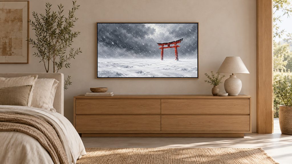 Red Torii Gate in Snow shown on a wall-mounted 16:9 TV in a bedroom