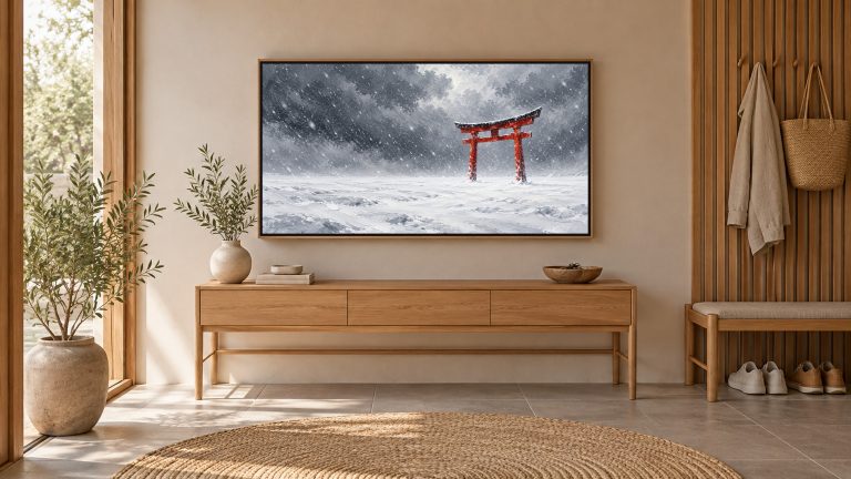 Red Torii Gate in Snow shown on a wall-mounted 16:9 TV in an entryway