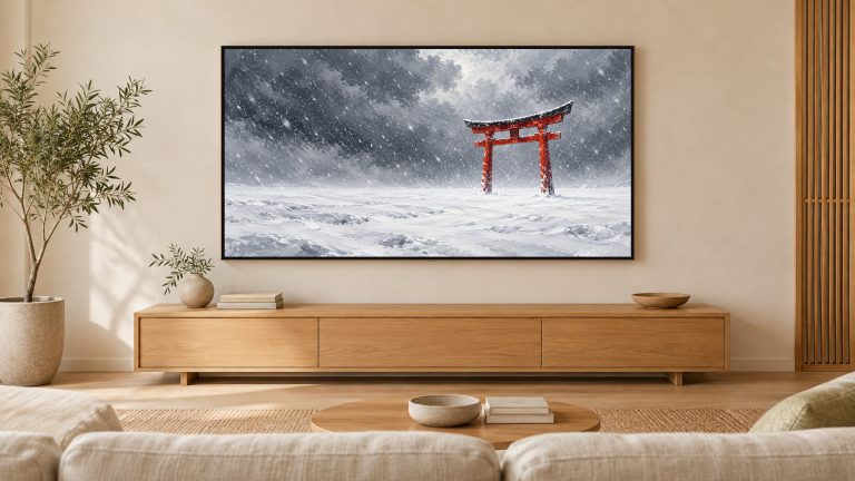 Red Torii Gate in Snow shown on a wall-mounted 16:9 TV in a living room