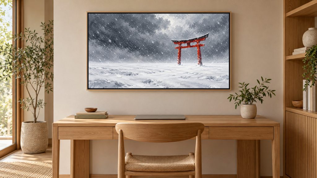 Red Torii Gate in Snow shown on a wall-mounted 16:9 TV in a home office