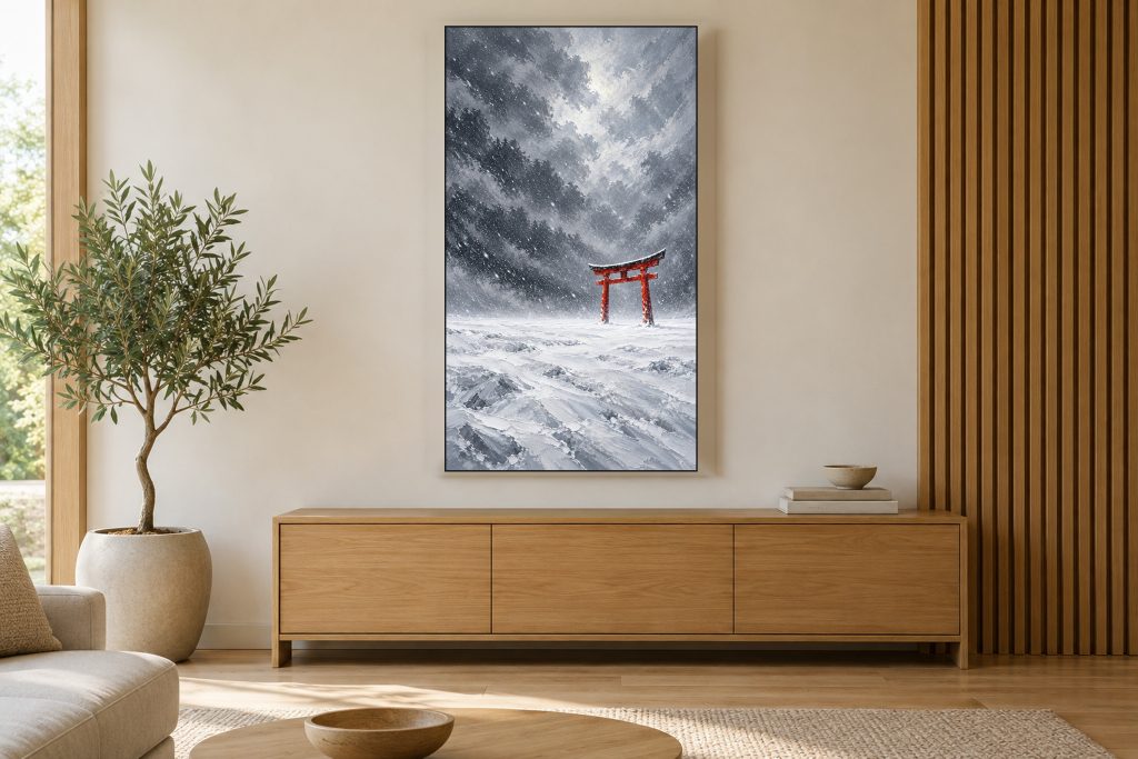 Red Torii Gate in Snow shown on a vertically mounted TV in a room setting