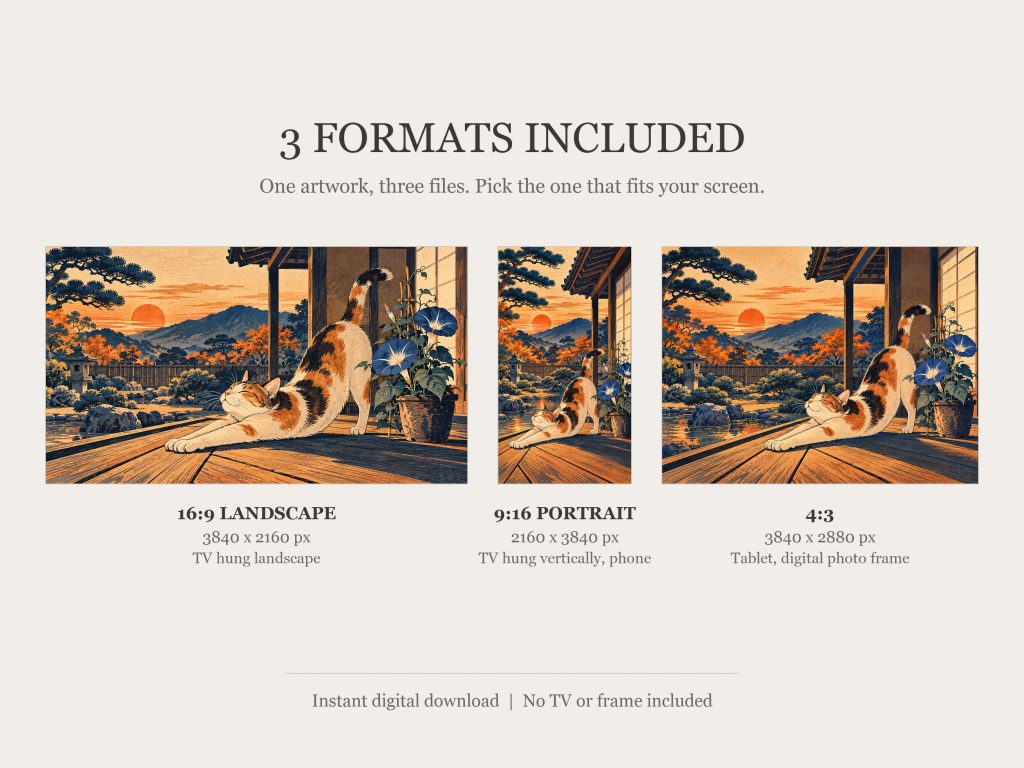 Ukiyo-e Style Cat: the three included formats, 16:9, 9:16 and 4:3