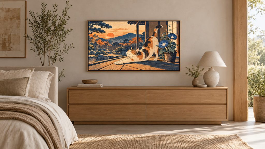 Ukiyo-e Style Cat shown on a wall-mounted 16:9 TV in a bedroom