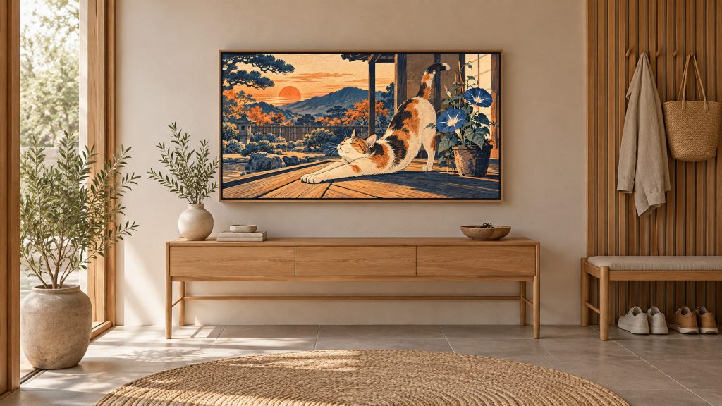 Ukiyo-e Style Cat shown on a wall-mounted 16:9 TV in an entryway