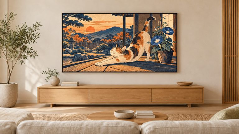 Ukiyo-e Style Cat shown on a wall-mounted 16:9 TV in a living room