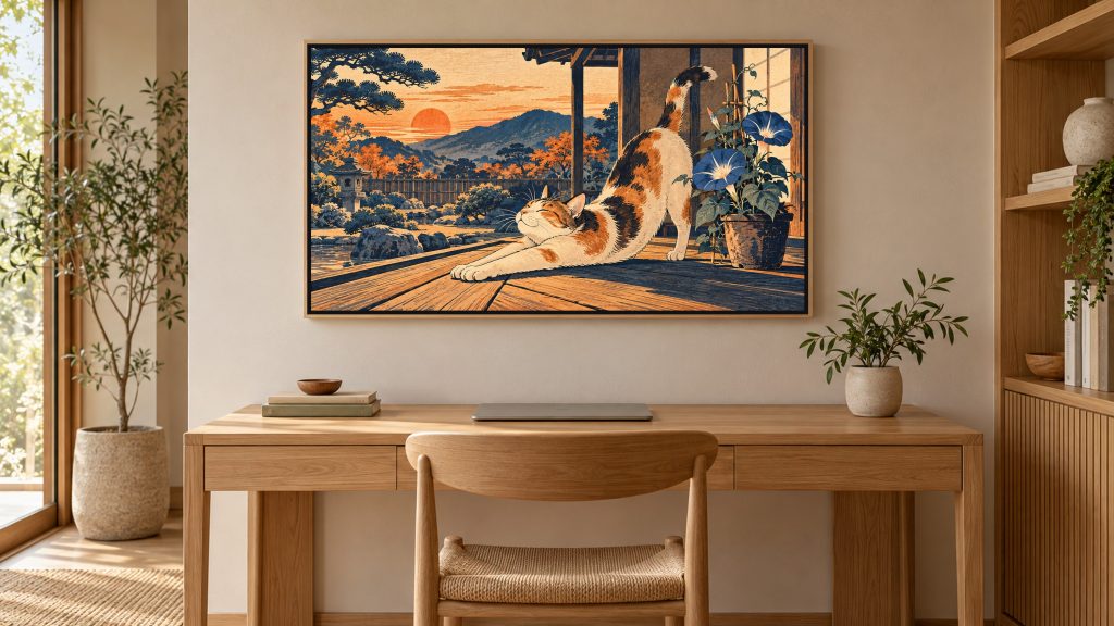 Ukiyo-e Style Cat shown on a wall-mounted 16:9 TV in a home office