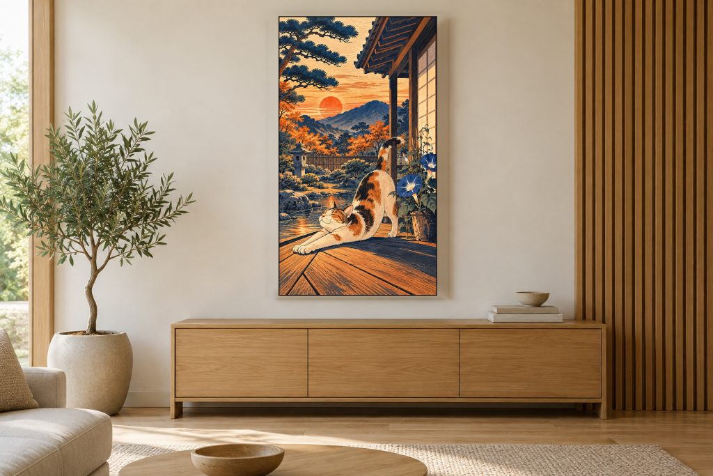 Ukiyo-e Style Cat shown on a vertically mounted TV in a room setting