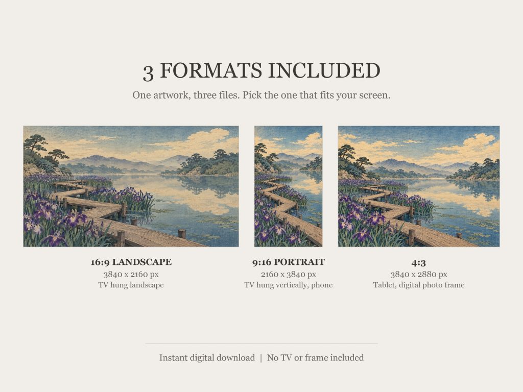 Vintage Iris Garden Woodblock: the three included formats, 16:9, 9:16 and 4:3