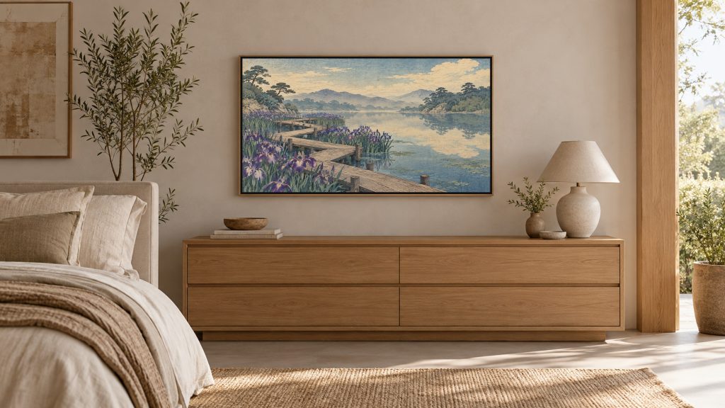 Vintage Iris Garden Woodblock shown on a wall-mounted 16:9 TV in a bedroom