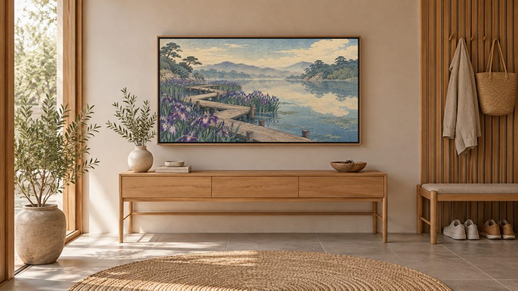 Vintage Iris Garden Woodblock shown on a wall-mounted 16:9 TV in an entryway
