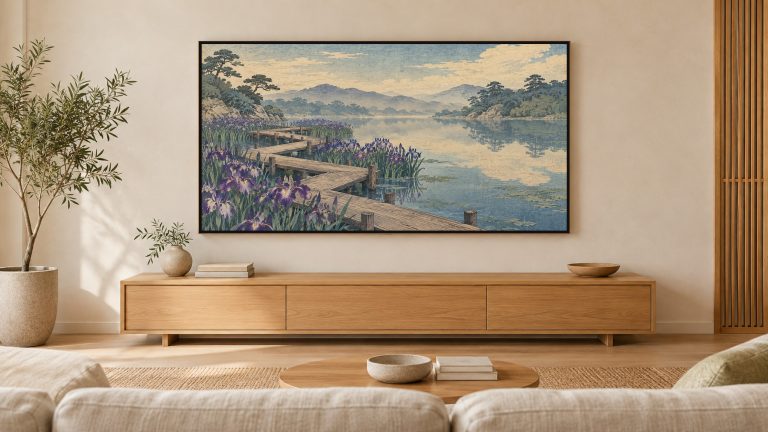 Vintage Iris Garden Woodblock shown on a wall-mounted 16:9 TV in a living room