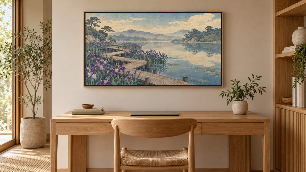 Vintage Iris Garden Woodblock shown on a wall-mounted 16:9 TV in a home office
