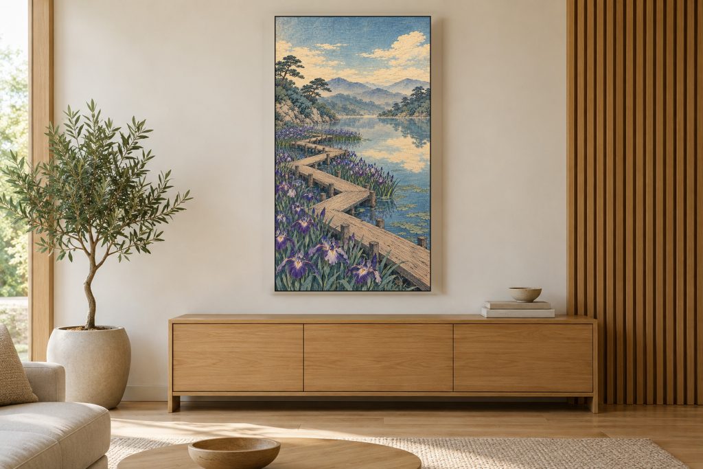 Vintage Iris Garden Woodblock shown on a vertically mounted TV in a room setting