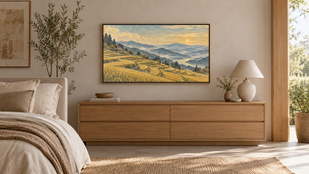 Vintage Countryside Rice Terraces shown on a wall-mounted 16:9 TV in a bedroom