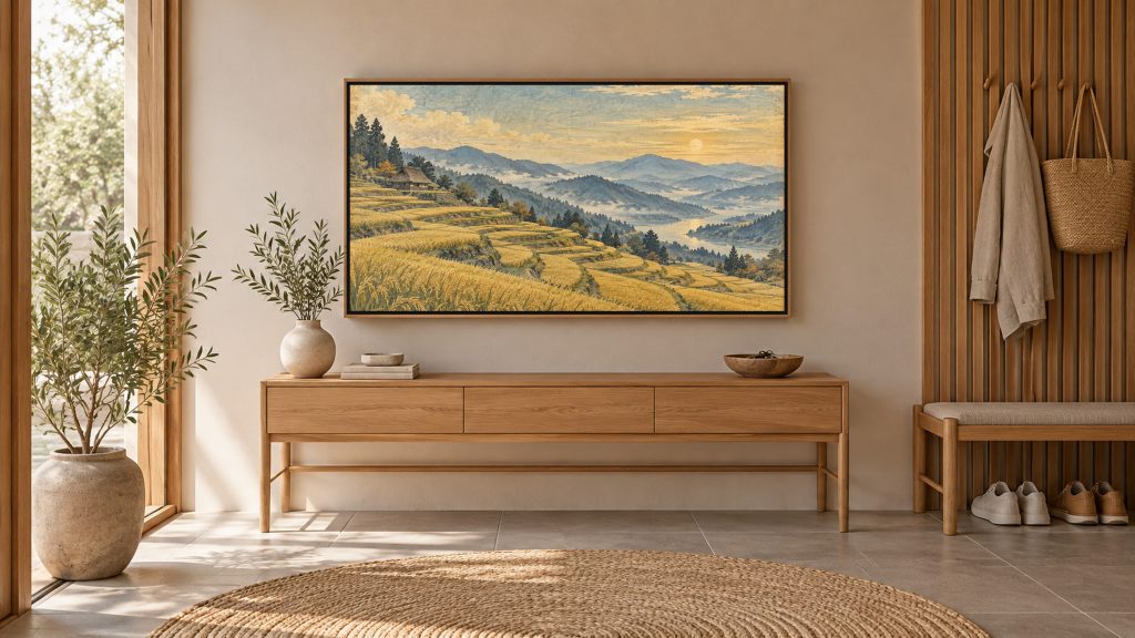Vintage Countryside Rice Terraces shown on a wall-mounted 16:9 TV in an entryway