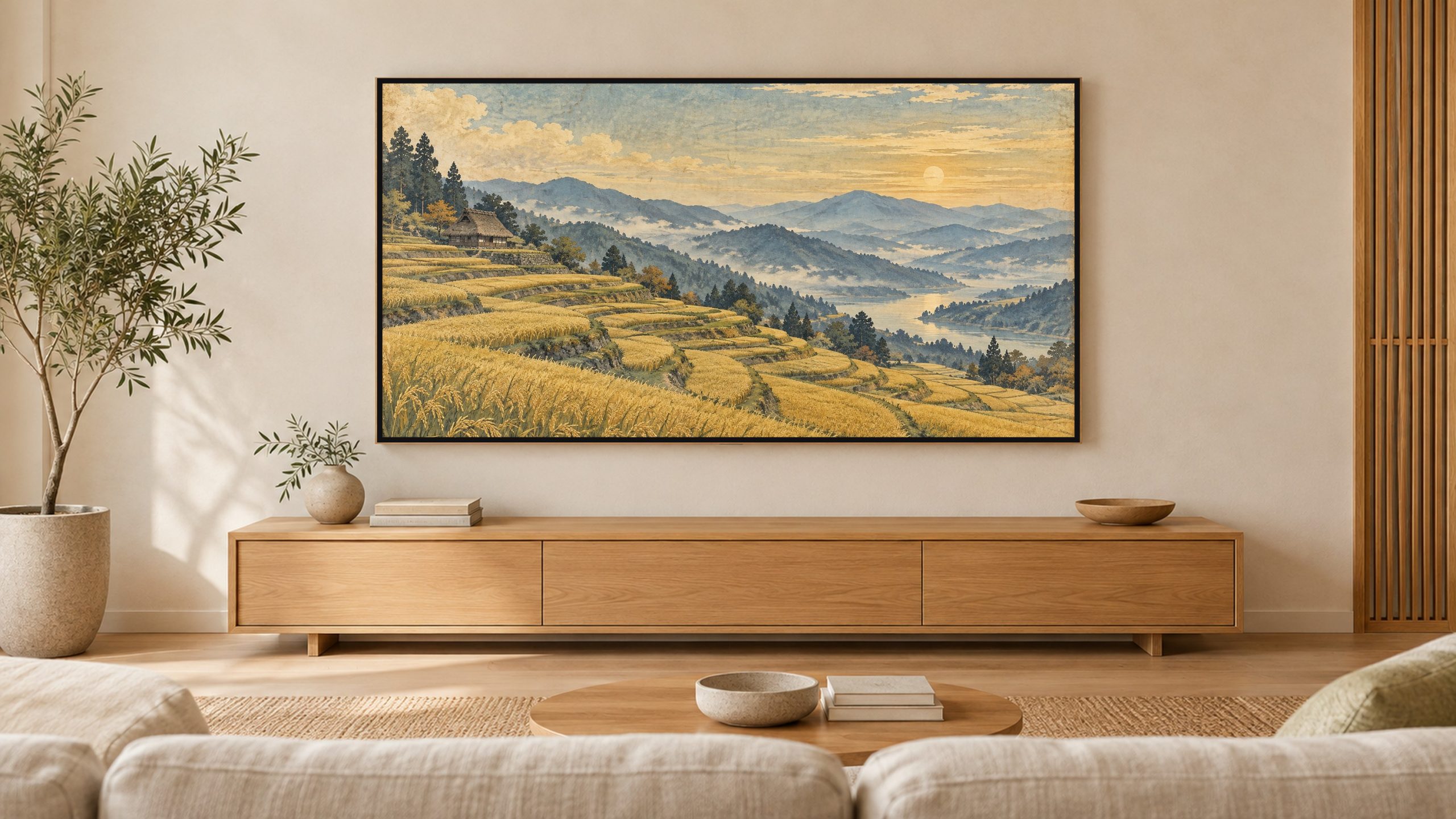 Vintage Countryside Rice Terraces shown on a wall-mounted 16:9 TV in a living room
