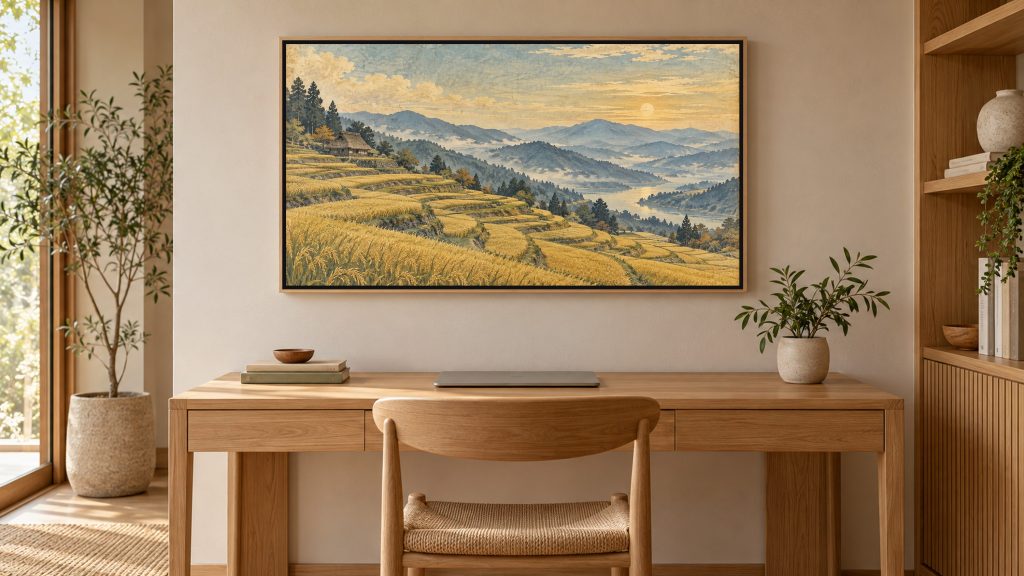 Vintage Countryside Rice Terraces shown on a wall-mounted 16:9 TV in a home office