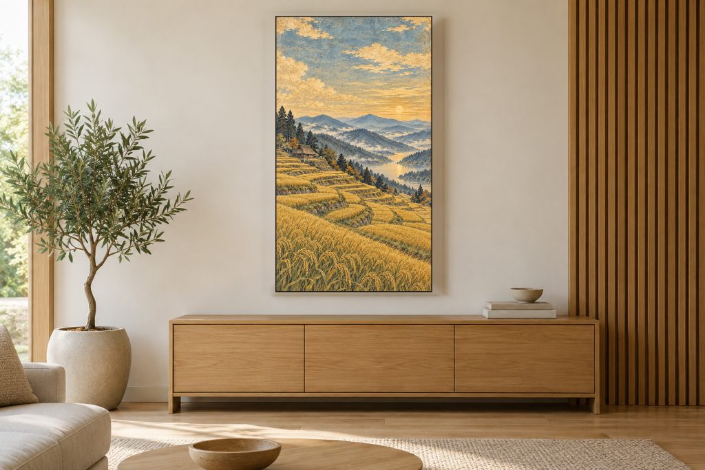 Vintage Countryside Rice Terraces shown on a vertically mounted TV in a room setting