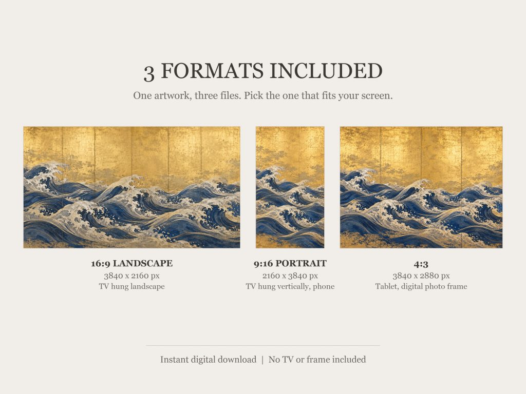 Waves on a Gold Screen: the three included formats, 16:9, 9:16 and 4:3