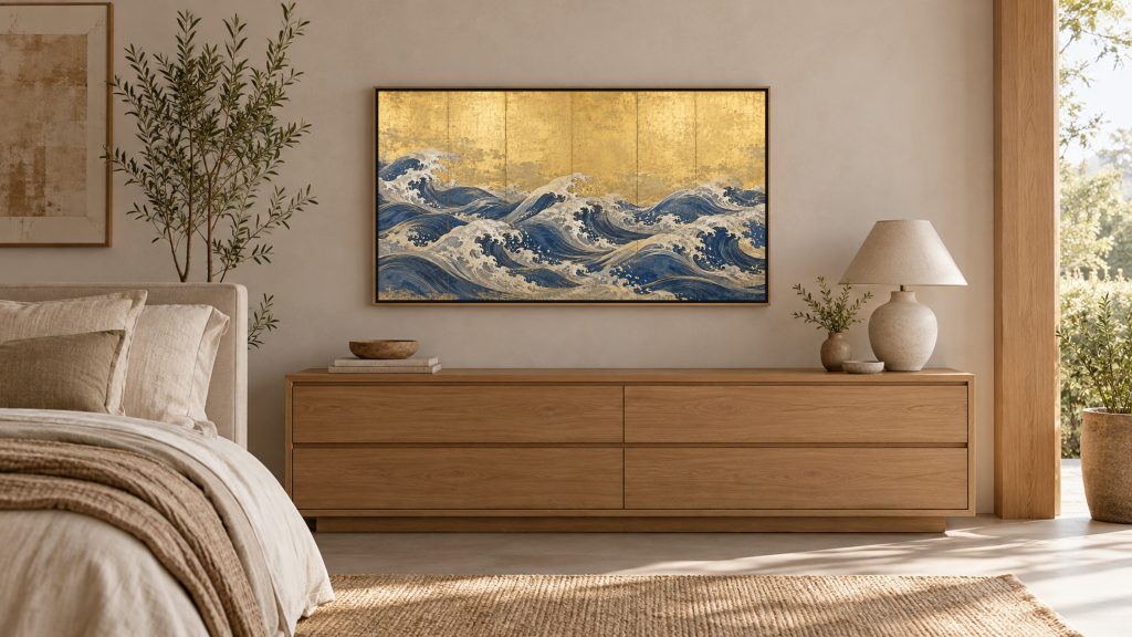 Waves on a Gold Screen shown on a wall-mounted 16:9 TV in a bedroom
