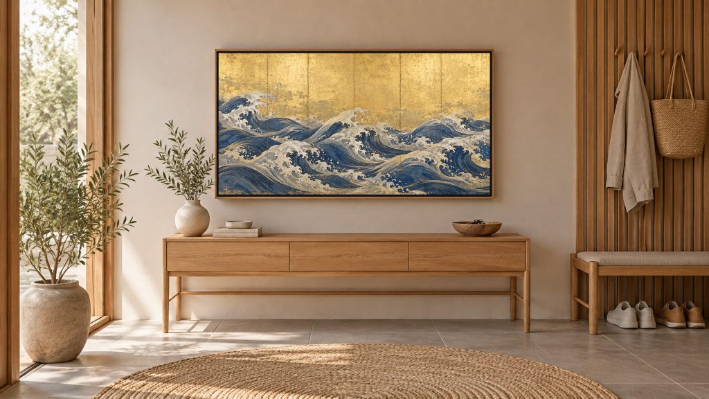 Waves on a Gold Screen shown on a wall-mounted 16:9 TV in an entryway