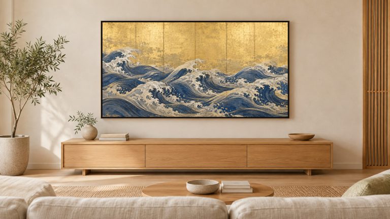 Waves on a Gold Screen shown on a wall-mounted 16:9 TV in a living room