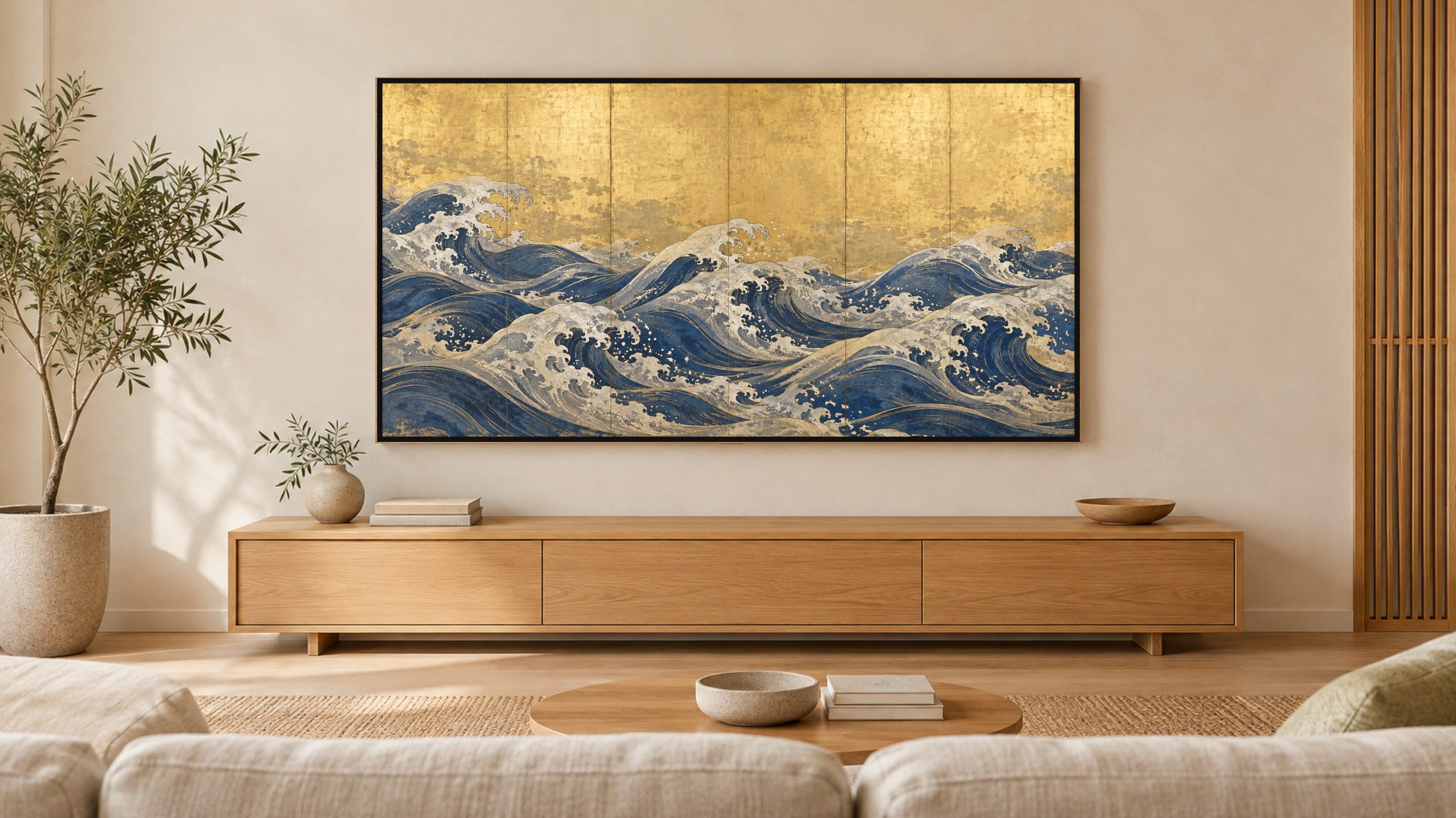 Waves on a Gold Screen shown on a wall-mounted 16:9 TV in a living room