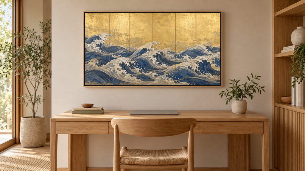 Waves on a Gold Screen shown on a wall-mounted 16:9 TV in a home office