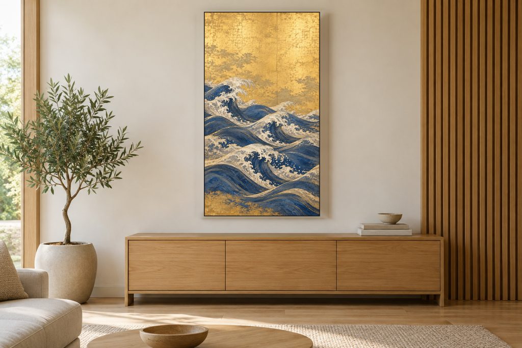 Waves on a Gold Screen shown on a vertically mounted TV in a room setting