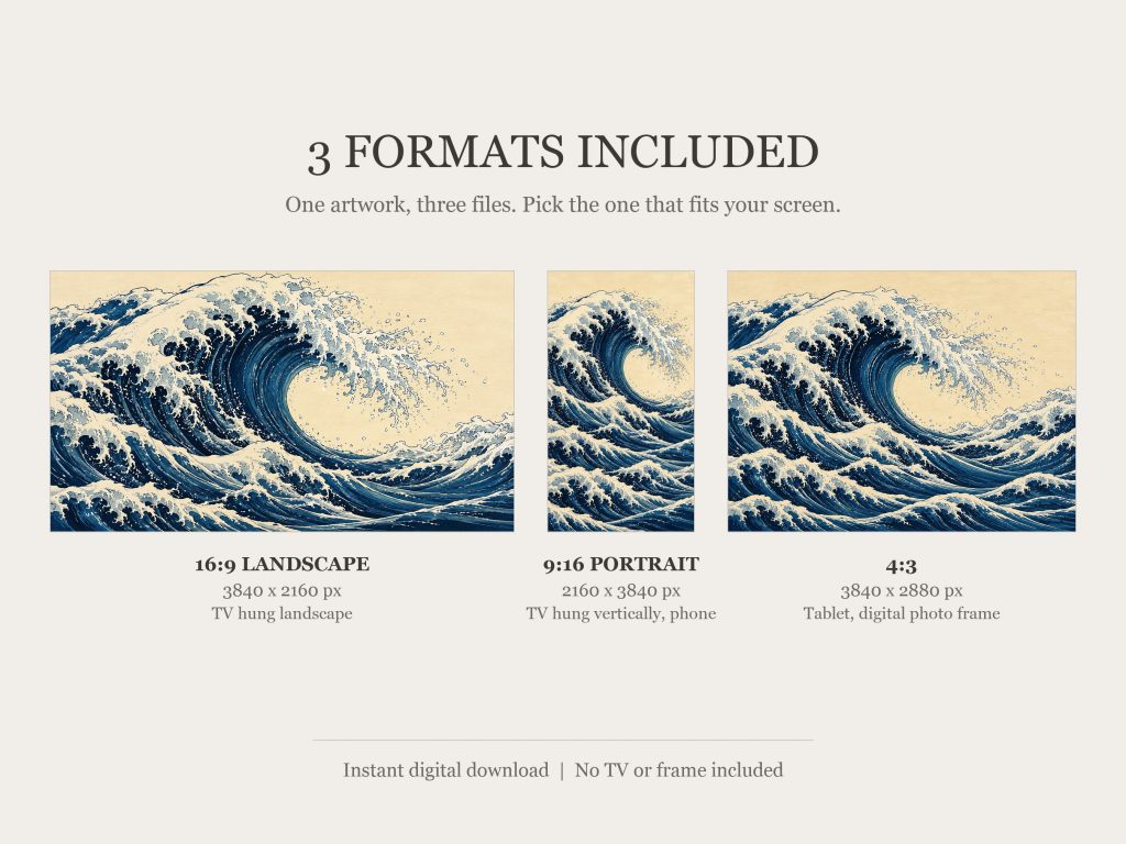 Great Indigo Wave: the three included formats, 16:9, 9:16 and 4:3