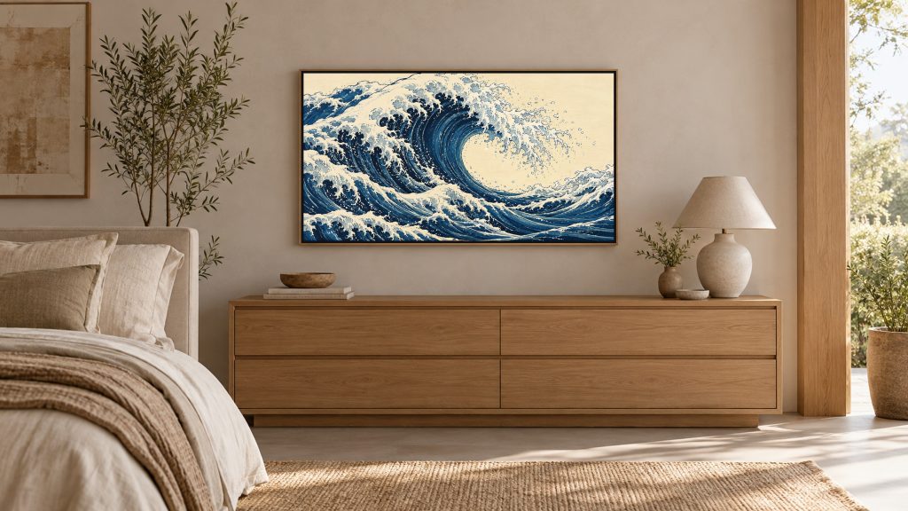 Great Indigo Wave shown on a wall-mounted 16:9 TV in a bedroom