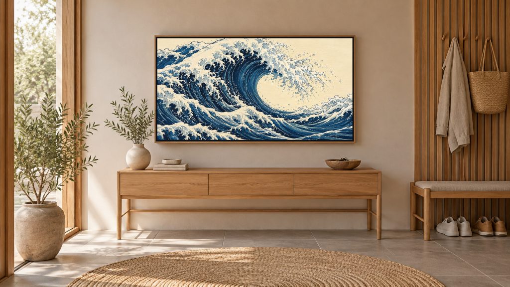 Great Indigo Wave shown on a wall-mounted 16:9 TV in an entryway