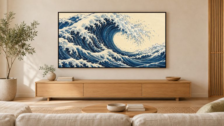 Great Indigo Wave shown on a wall-mounted 16:9 TV in a living room