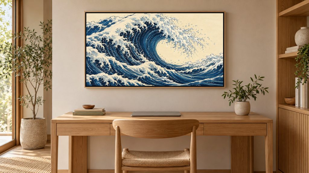 Great Indigo Wave shown on a wall-mounted 16:9 TV in a home office