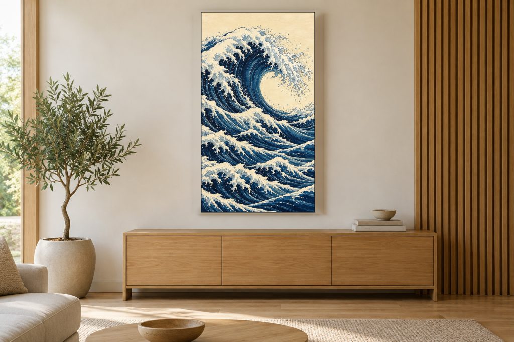 Great Indigo Wave shown on a vertically mounted TV in a room setting