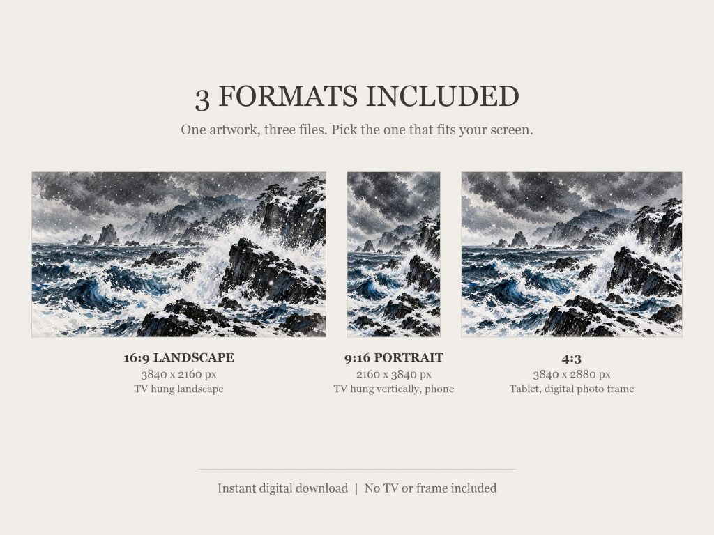 Winter Waves on Black Rocks: the three included formats, 16:9, 9:16 and 4:3