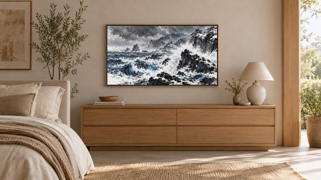 Winter Waves on Black Rocks shown on a wall-mounted 16:9 TV in a bedroom