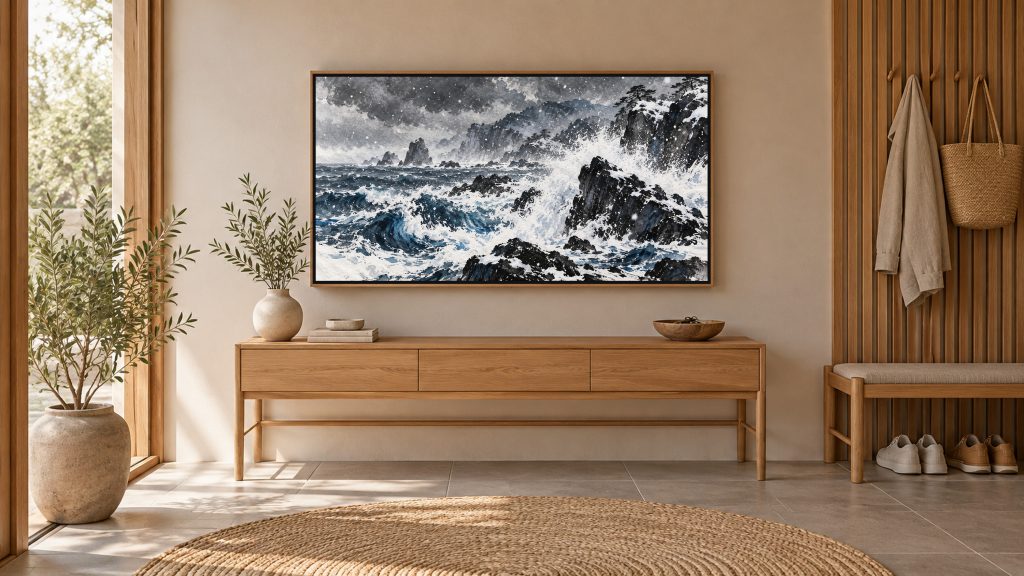 Winter Waves on Black Rocks shown on a wall-mounted 16:9 TV in an entryway