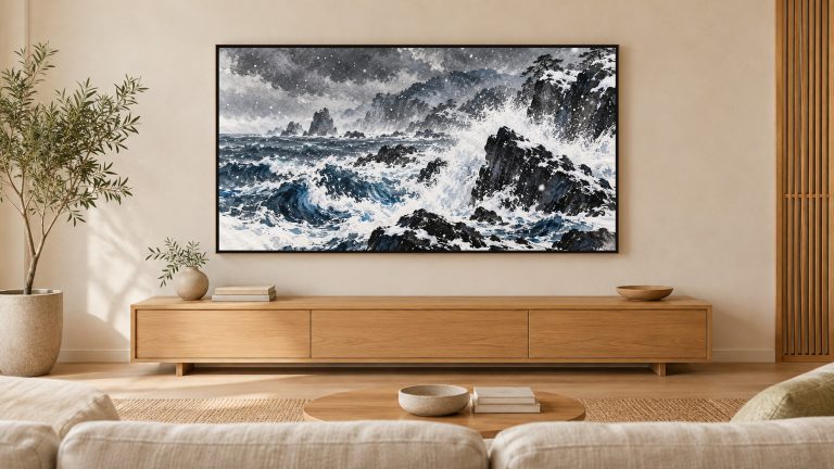 Winter Waves on Black Rocks shown on a wall-mounted 16:9 TV in a living room