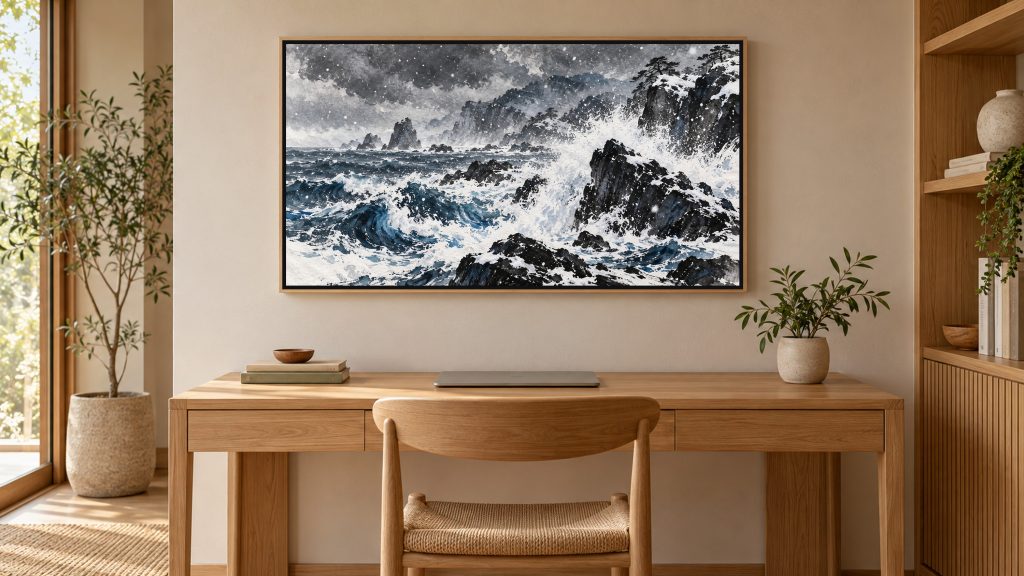 Winter Waves on Black Rocks shown on a wall-mounted 16:9 TV in a home office