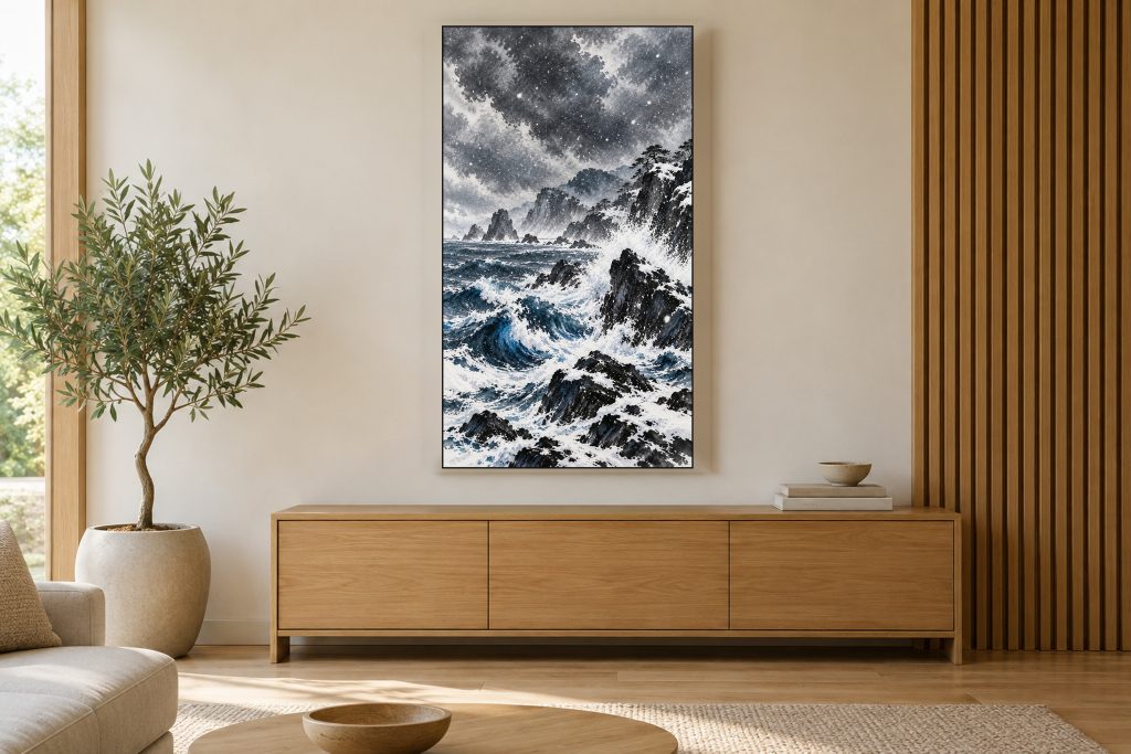 Winter Waves on Black Rocks shown on a vertically mounted TV in a room setting