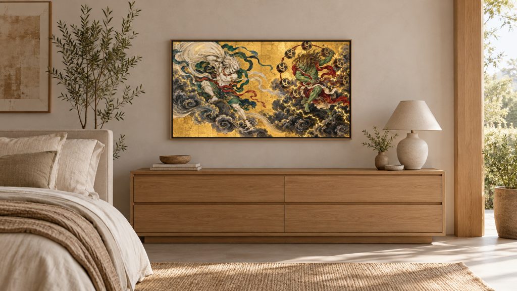 Wind God and Thunder God shown on a wall-mounted 16:9 TV in a bedroom