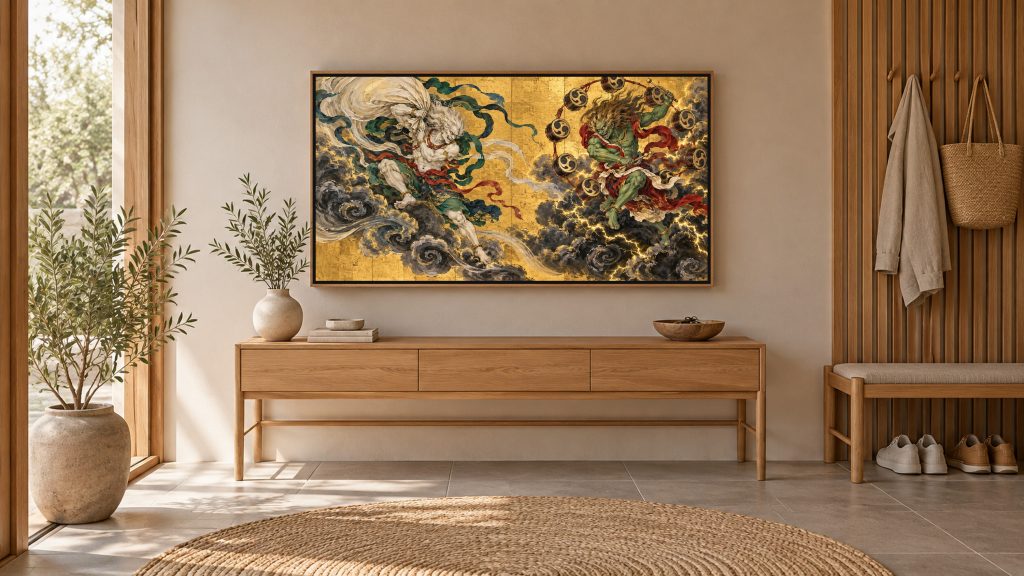 Wind God and Thunder God shown on a wall-mounted 16:9 TV in an entryway